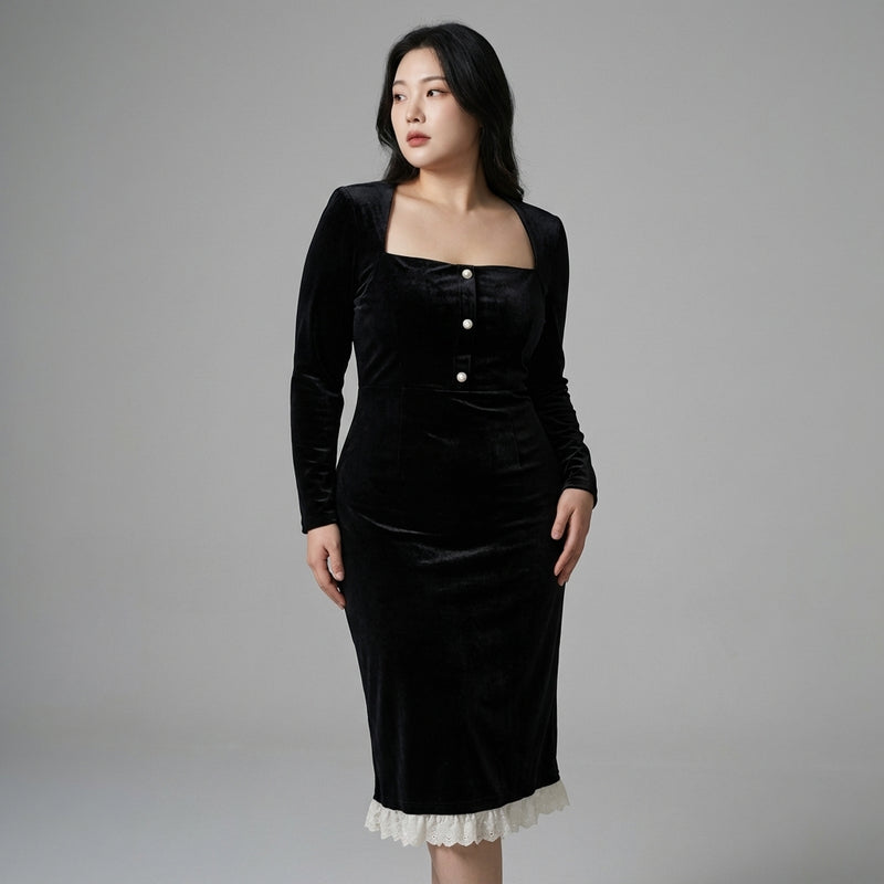 Robe longue coréenne en velours noir femme, col carré, manches longues, ajustée et élégante. - Taille XL - Grande Taille