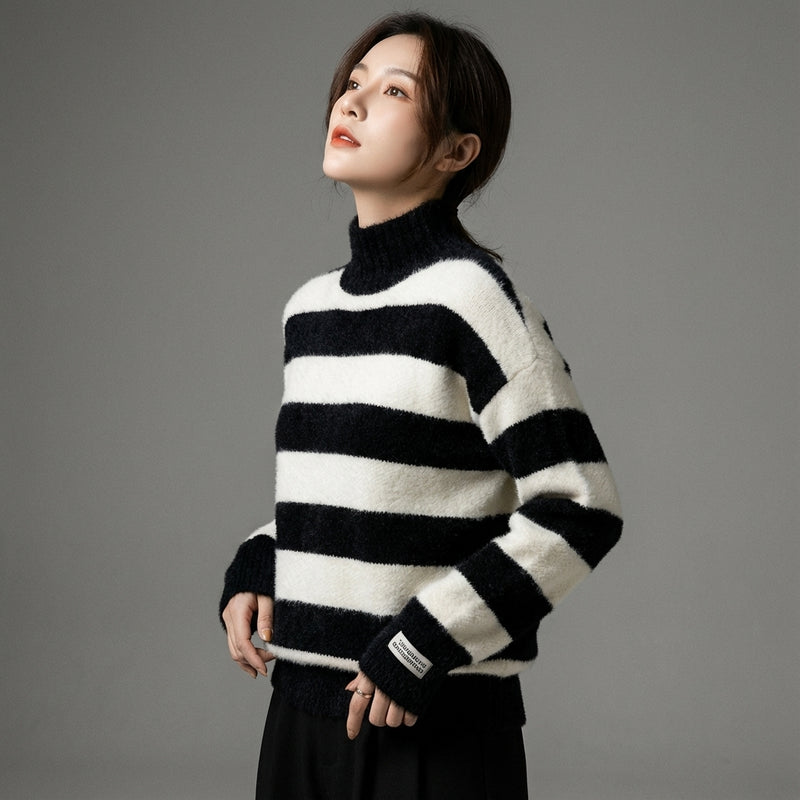 Pull rayé col roulé femme en laine et polyester - Mode Coréenne Koreanxwear - Taille One Size