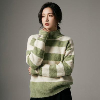 Pull rayé col roulé femme en laine et polyester - Mode Coréenne Koreanxwear - Taille One Size