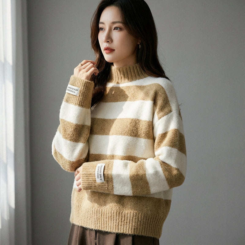 Pull rayé col roulé femme en laine et polyester - Mode Coréenne Koreanxwear - Taille One Size