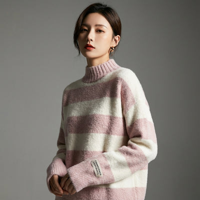 Pull rayé col roulé femme en laine et polyester - Mode Coréenne Koreanxwear - Taille One Size