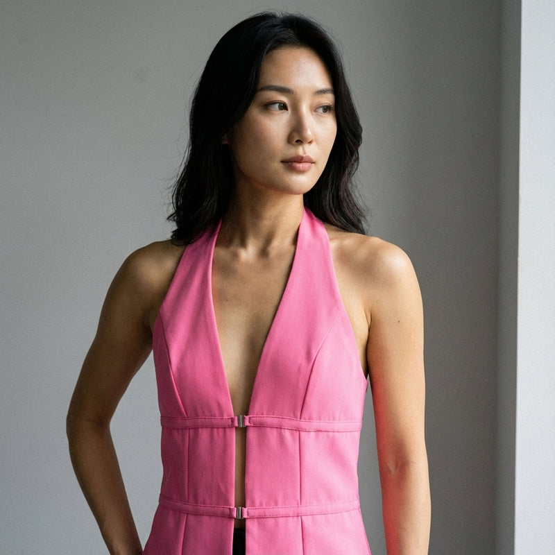 Débardeur femme col V dos nu rose - Mode Coréenne Élégante Koreanxwear - Taille M