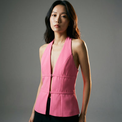 Débardeur femme col V dos nu rose - Mode Coréenne Élégante Koreanxwear - Taille S