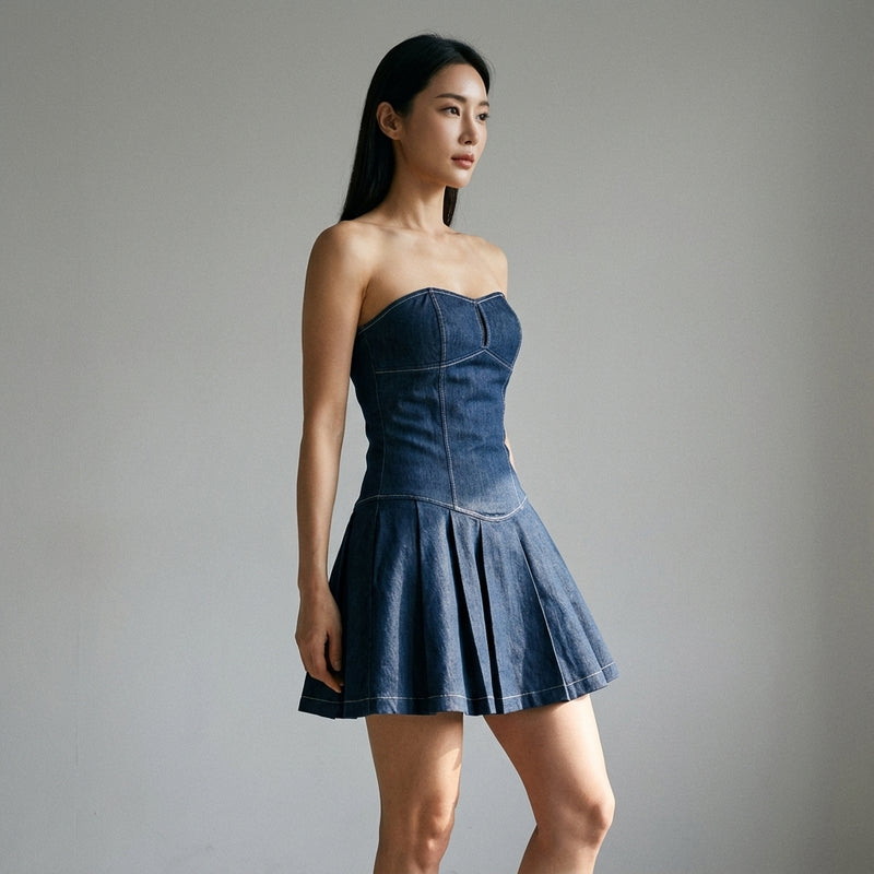 Robe courte plissée femme coréenne décolleté bustier dos nu bleu - Koreanxwear - Taille M