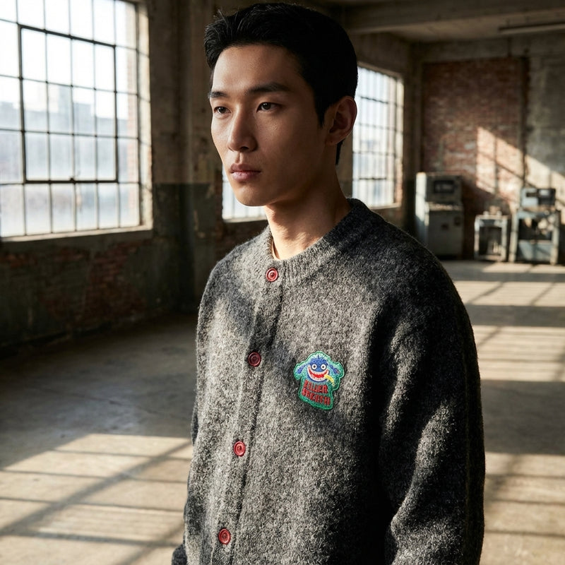 Cardigan brodé vintage gris foncé pour femme - Style coréen décontracté Koreanxwear