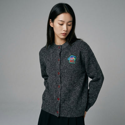 Cardigan brodé vintage gris foncé pour femme - Style coréen décontracté Koreanxwear - Taille S