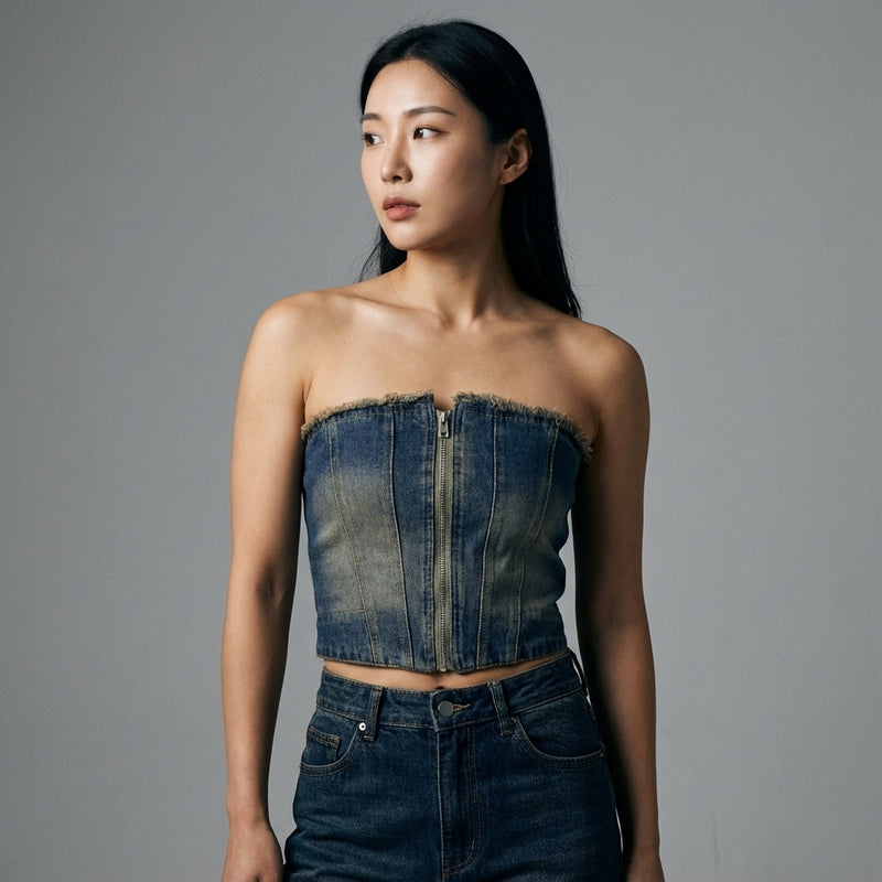Veste bustier en jean Coréenne femme avec franges vintage - Koreanxwear - Taille L