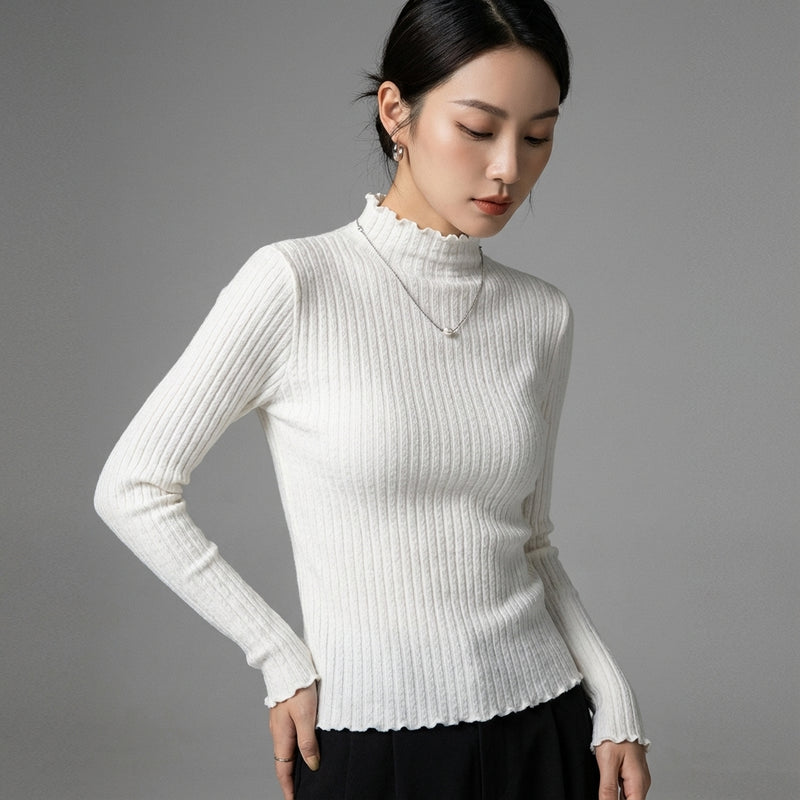 Pull coréen femme col montant à volants en maille, couleur noir, abricot, vert olive ou blanc. - Taille One Size