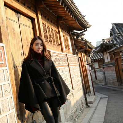 Poncho cape hiver femme coréenne noir avec ceinture et col à revers - Koreanxwear