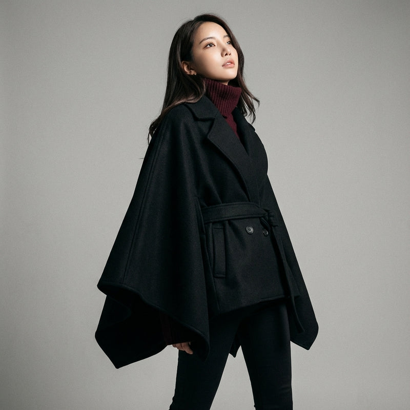 Poncho cape hiver femme coréenne noir avec ceinture et col à revers - Koreanxwear - Taille 5XL - Grande Taille