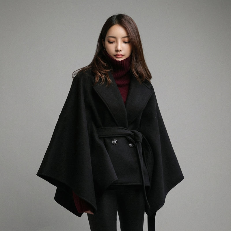 Poncho cape hiver femme coréenne noir avec ceinture et col à revers - Koreanxwear - Taille L