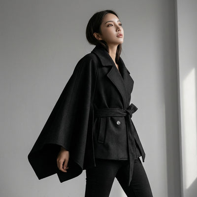Poncho cape hiver femme coréenne noir avec ceinture et col à revers - Koreanxwear - Taille M