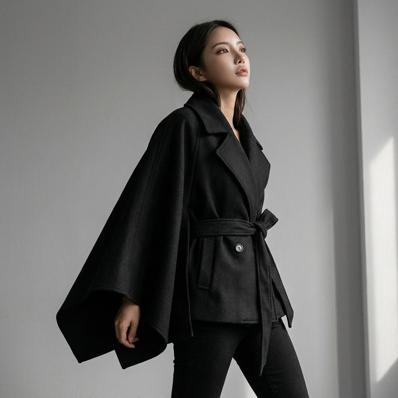 Poncho cape hiver femme coréenne noir avec ceinture et col à revers - Koreanxwear - Taille M