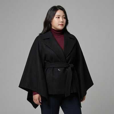 Poncho cape hiver femme coréenne noir avec ceinture et col à revers - Koreanxwear - Taille XXL - Grande Taille