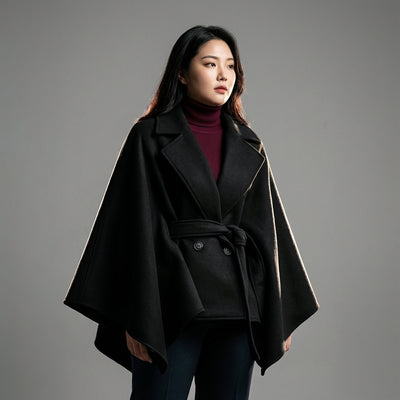 Poncho cape hiver femme coréenne noir avec ceinture et col à revers - Koreanxwear - Taille XXXL