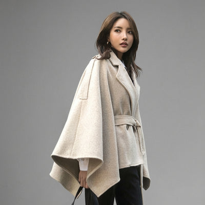 Poncho cape hiver femme coréenne noir avec ceinture et col à revers - Koreanxwear - Taille 6XL