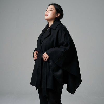 Poncho cape hiver femme coréenne noir avec ceinture et col à revers - Koreanxwear - Taille XXL - Grande Taille