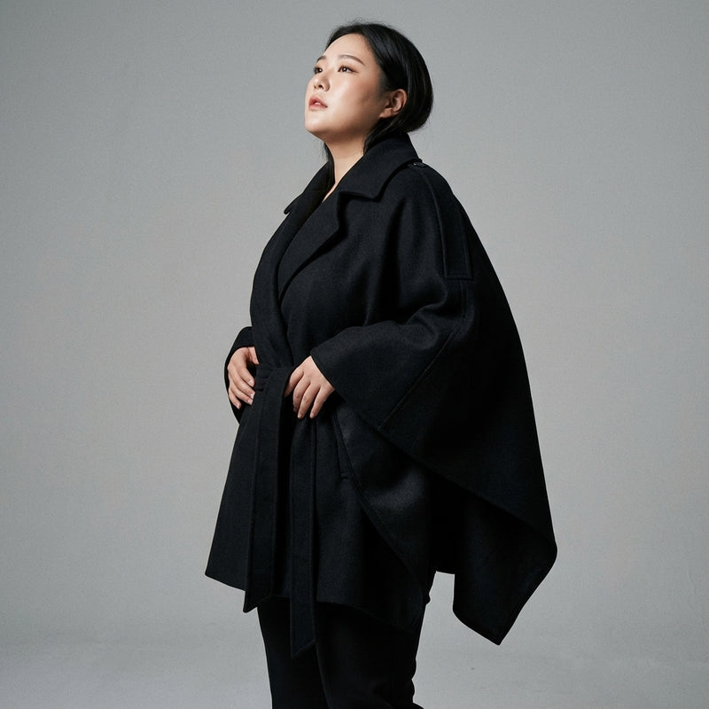 Poncho cape hiver femme coréenne noir avec ceinture et col à revers - Koreanxwear - Taille XXL - Grande Taille