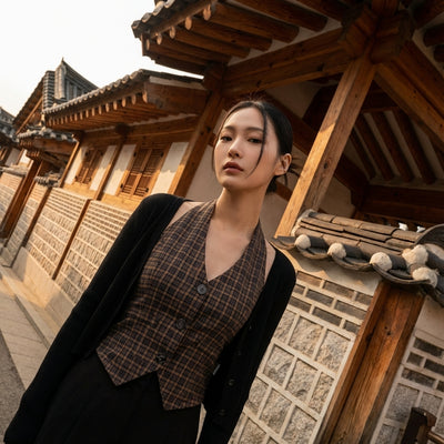 Cardigan court rétro femme coréenne à carreaux marron - Col V et boutons Koreanxwear