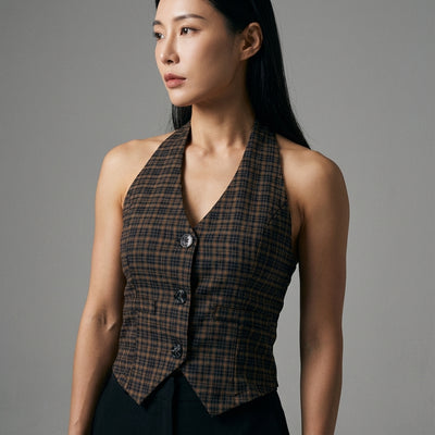 Cardigan court rétro femme coréenne à carreaux marron - Col V et boutons Koreanxwear - Taille L