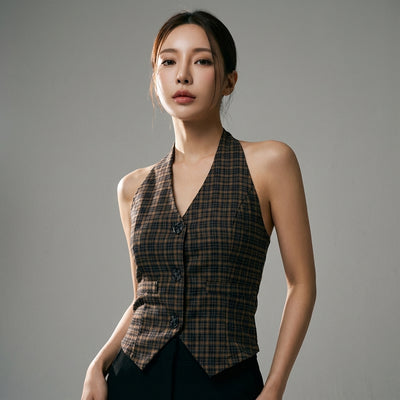 Cardigan court rétro femme coréenne à carreaux marron - Col V et boutons Koreanxwear - Taille S