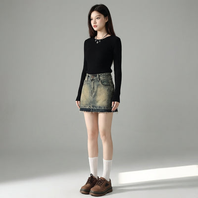 Mini-jupe en jean délavé femme coupe ajustée - Mode Coréenne Koreanxwear - Taille L