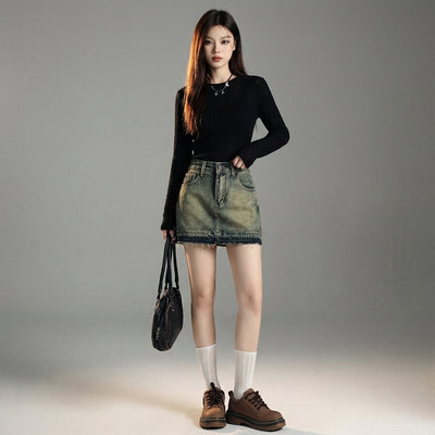 Mini-jupe en jean délavé femme coupe ajustée - Mode Coréenne Koreanxwear - Taille M