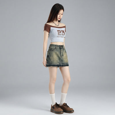 Mini-jupe en jean délavé femme coupe ajustée - Mode Coréenne Koreanxwear - Taille S