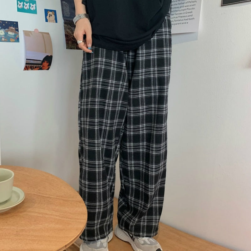 Pantalon large plaid coréen