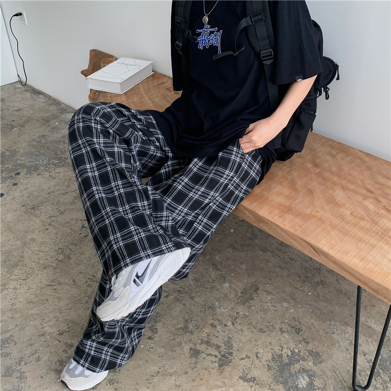 Pantalon coréen large plaid